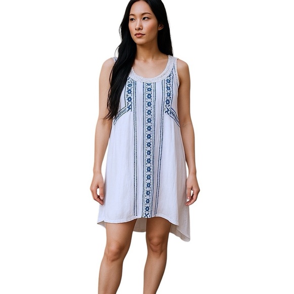 Lucky Brand Boho Chic Embroidered Crochet Detail Lined Sundress White Bl… - Picture 7 of 9